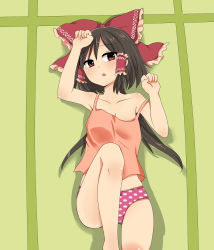 Rule 34 | 1girl, bow, brown eyes, brown hair, camisole, clenched hand, female focus, from above, hair bow, hair tubes, hakurei reimu, highres, long hair, looking at viewer, looking up, lying, ochazuke, on back, open mouth, panties, polka dot, polka dot panties, solo, touhou, underwear, underwear only