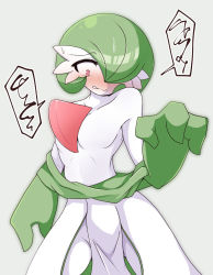 Rule 34 | 1girl, blush, bob cut, breast conscious, breasts, clenched teeth, clothes pull, collarbone, colored skin, constricted pupils, cowboy shot, creatures (company), embarrassed, female focus, game freak, gardevoir, gen 3 pokemon, green hair, green shirt, grey background, hair over one eye, hand up, highres, ikuzonomiki12, long sleeves, looking down, navel, nintendo, no nipples, nose blush, one eye covered, pelvic curtain, pokemon, pokemon (creature), red eyes, shirt, shirt pull, short hair, simple background, skirt, small breasts, solo, speech bubble, spoken squiggle, squiggle, standing, sweat, teeth, wavy mouth, white skin, white skirt