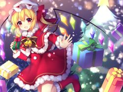 Rule 34 | 1girl, alternate costume, bell, blonde hair, boots, bow, box, capelet, christmas, christmas tree, commentary request, flandre scarlet, gift, gift box, hat, hat bow, holding, long sleeves, looking at viewer, mob cap, open mouth, red bow, red eyes, red footwear, ruhika, short hair, smile, solo, touhou, wings