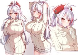 Rule 34 | 1girl, alternate costume, antenna hair, arms behind head, arms up, azur lane, blush, breasts, brown eyes, brown sweater, closed mouth, commentary request, dress, gradient background, grey background, grey hair, hair between eyes, hand up, headgear, highres, large breasts, long hair, long sleeves, looking at viewer, motion lines, moyoron, multicolored hair, multiple views, orange eyes, parted bangs, prinz eugen (azur lane), puffy long sleeves, puffy sleeves, red hair, ribbed sweater, simple background, sleeves past wrists, smile, streaked hair, sweater, sweater dress, thighhighs, turtleneck, turtleneck sweater, upper body, very long hair, white background, white hair, white sweater, white thighhighs