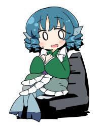 Rule 34 | 1girl, blue eyes, blue hair, blush, drill hair, fins, green kimono, head fins, ini (inunabe00), japanese clothes, kimono, long sleeves, mermaid, monster girl, obi, open mouth, sash, short hair, simple background, solo, touhou, wakasagihime, white background, wide sleeves