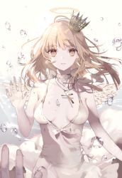 Rule 34 | 1girl, air bubble, angel, angel wings, bad id, bad pixiv id, bare arms, bare shoulders, blonde hair, bow, breasts, brown eyes, bubble, choker, collarbone, commentary request, covered navel, cross, cross necklace, crown, dress, earrings, feathered wings, glint, halo, jewelry, long hair, looking at viewer, medium breasts, necklace, original, parted lips, pendant, pov, reflection, sleeveless, sleeveless dress, solo, upper body, white bow, white choker, white dress, white wings, wings, yukisame