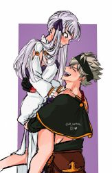 Rule 34 | 1boy, 1girl, arm sleeve, asta (black clover), black clover, blush, cloak, closed eyes, couple, embarrassed, hair ribbon, hands on shoulders, headband, held up, hetero, highres, holding, long hair, looking down, noelle silva, open mouth, ribbon, silver hair, sk martins, timeskip, topless male, twintails, watermark