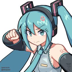 Rule 34 | 1girl, anger vein, angry, arm tattoo, blue eyes, blue necktie, clenched hand, collarbone, collared shirt, commentary, commission, dated, detached sleeves, digiral, english commentary, grey shirt, hair between eyes, hatsune miku, headphones, incoming attack, incoming punch, looking at viewer, meme, necktie, punching, shirt, sleeveless, sleeveless shirt, solo, tattoo, twintails, twitter username, v-shaped eyebrows, vocaloid, white background