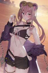 Rule 34 | 1girl, animal ears, arknights, bare shoulders, bikini, black bikini, black choker, black shorts, breasts, choker, cleavage, commentary, cowboy shot, hair between eyes, hand up, highres, jacket, large breasts, lin (arknights), long hair, looking at viewer, mouse ears, navel, off shoulder, open clothes, open jacket, outdoors, purple eyes, purple hair, purple jacket, raitho, short shorts, shorts, solo, standing, stomach, swimsuit, symbol-only commentary, thigh strap, thighs, v-shaped eyebrows, very long hair