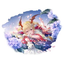 Rule 34 | 1girl, barefoot, bat wings, blonde hair, blush, fang, flower, gloves, granblue fantasy, hair between eyes, hair ornament, hairclip, head wings, japanese clothes, kimono, long hair, looking at viewer, lying, minaba hideo, obi, official art, on stomach, open mouth, petals, pointy ears, red eyes, red flower, red rose, rose, sash, smile, solo, transparent background, vampire, vampy, white gloves, white kimono, wings, yukata