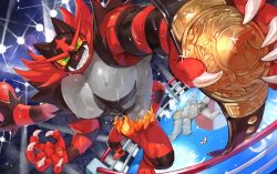Rule 34 | @ @, audience, championship belt, claws, colored sclera, commentary, creatures (company), furry, game freak, gen 1 pokemon, gen 7 pokemon, glint, green eyes, grin, highres, holding, incineroar, lens flare, light, looking at viewer, lying, machamp, muscular, nintendo, on back, pokemon, pokemon (creature), sharp teeth, smile, spread legs, sweat, tapioka chaso, teeth, unconscious, wet, wrestling ring, yellow sclera