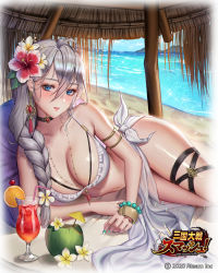 Rule 34 | 1girl, armlet, bangle, beach, beads, bikini, blanket, blue eyes, blush, bracelet, braid, breasts, choker, cocktail, cocktail glass, cocktail umbrella, coconut, cup, daisy, drinking glass, flower, hair flower, hair ornament, hibiscus, highres, jade moon, jewelry, large breasts, bridal garter, long hair, looking at viewer, lying, nail polish, necklace, on side, original, sand, sarong, shack, straw, swimsuit, white bikini, white hair