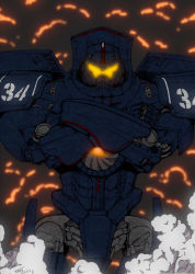 Rule 34 | cannon, chest cannon, crossed arms, directed-energy weapon, energy cannon, energy weapon, fire, gipsy danger, glowing, glowing eyes, gunbuster pose, hashibami arata, highres, jaeger (pacific rim), legendary pictures, mecha, no humans, nuclear vortex turbine, pacific rim, pan pacific defense corps, parody, robot, science fiction, smoke, solo, super robot, top wo nerae!