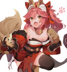 Rule 34 | 1girl, absurdres, animal ear fluff, animal ears, animal hands, bare shoulders, bell, black thighhighs, breasts, cat paws, cleavage, collar, detached sleeves, fate/extra, fate/extra ccc, fate/grand order, fate (series), fox ears, fox girl, gloves, hair ribbon, highres, japanese clothes, jingle bell, kimono, large breasts, long hair, neck bell, paw gloves, pink hair, ponytail, red kimono, red ribbon, ribbon, same (sendai623), solo, tail, tamamo (fate), tamamo cat (fate), tamamo cat (first ascension) (fate), thighhighs, yellow eyes