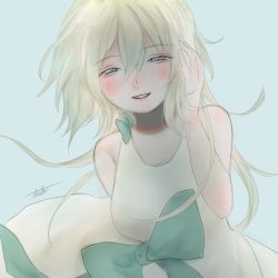 Rule 34 | 1girl, blush, bow, dress, itsuki dorothy, long hair, looking at viewer, nier, nier (series), signature, simple background, smile, solo, waist bow, white dress, yonah