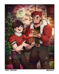 Rule 34 | 2boys, bara, beard, blush, box, christmas, christmas tree, couple, facial hair, feet out of frame, full beard, fur trim, gift, gift box, height difference, highres, indoors, male focus, multiple boys, muscular, muscular male, original, red hair, revereets, short hair, smile, standing, thick eyebrows, uneven eyes, yaoi