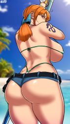 Rule 34 | 1girl, absurdres, alecto 0, ass, back, beach, bikini, breasts, brown eyes, butt crack, cleavage, from behind, highleg, highleg bikini, highres, huge ass, huge breasts, large breasts, long hair, looking at viewer, looking back, micro shorts, nami (one piece), one piece, orange eyes, orange hair, short shorts, shorts, shoulder tattoo, sideboob, sky, staff, swimsuit, tattoo, thick thighs, thighs, thong bikini, water, whale tail (clothing)