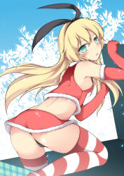 Rule 34 | 10s, 1girl, :o, ass, blonde hair, blush, breasts, chiyami, christmas, elbow gloves, gloves, green eyes, hairband, highres, kantai collection, long hair, looking back, panties, red gloves, santa costume, shimakaze (kancolle), sideboob, skirt, small breasts, solo, striped clothes, striped thighhighs, thighhighs, underwear