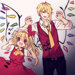 Rule 34 | 1boy, 1girl, :d, ascot, black pants, blonde hair, blush, bow, claw pose, commentary request, cowboy shot, crystal, dual persona, fang, flandre scarlet, genderswap, genderswap (ftm), grey background, hair between eyes, hands up, hat, hat bow, height difference, highres, kyouda suzuka, light particles, long sleeves, looking at viewer, mob cap, nail polish, necktie, open mouth, pants, petticoat, red bow, red eyes, red nails, red skirt, red vest, shirt, sketch, skirt, skirt set, smile, standing, touhou, translation request, vest, white hat, white shirt, wing collar, wings, yellow neckwear