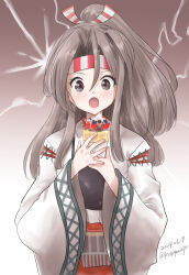 Rule 34 | 1girl, apron, brown eyes, commentary request, crepe, food, grey hair, hachimaki, hakama, hakama shorts, headband, high ponytail, japanese clothes, kantai collection, kitagawa mikio, lightning, muneate, one-hour drawing challenge, open mouth, ponytail, red hakama, red shorts, shorts, solo, striped headband, wide sleeves, zuihou (kancolle)
