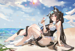 Rule 34 | 1girl, ;q, absurdres, animal ear fluff, animal ears, arm support, asymmetrical clothes, barefoot, beach, bell, cat ears, cat girl, commentary, day, duzizai, eyewear on head, food, full body, highres, holding, holding food, ice cream, ice cream cone, long hair, multiple tails, neck bell, one-piece swimsuit, one eye closed, original, outdoors, red eyes, sitting, solo, star-shaped eyewear, star (symbol), sun, sunlight, swimsuit, tail, tail around own leg, thigh strap, tongue, tongue out, two-tone swimsuit, two tails, very long hair