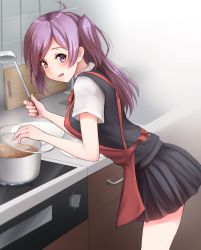 Rule 34 | 1girl, ahoge, apron, black skirt, black vest, blouse, commentary request, cooking, curry, cutting board, food, hagikaze (kancolle), highres, kantai collection, kitchen, ladle, long hair, nuka (nvkka), one side up, open mouth, pleated skirt, pot, purple hair, shirt, skirt, smile, solo, vest, white shirt