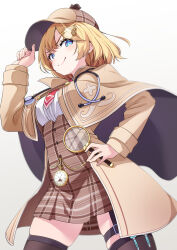 Rule 34 | 1girl, absurdres, black thighhighs, blonde hair, bob cut, breasts, brown coat, brown hat, brown skirt, coat, collared shirt, deerstalker, hair ornament, hat, high-waist skirt, highres, holding, holding magnifying glass, hololive, hololive english, large breasts, looking at viewer, magnifying glass, medium hair, miu (angelo whitechoc), necktie, pleated skirt, pocket watch, red necktie, shirt, skirt, smile, solo, syringe, thigh strap, thighhighs, virtual youtuber, watch, watson amelia, watson amelia (1st costume), white shirt