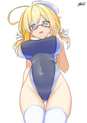 Rule 34 | 1girl, adjusting eyewear, ahoge, alternate costume, ayuman, blonde hair, blue eyes, blue one-piece swimsuit, breasts, competition swimsuit, dated, from below, glasses, gluteal fold, hat, i-8 (kancolle), kantai collection, large breasts, looking down, low twintails, one-piece swimsuit, open mouth, peaked cap, red-framed eyewear, sailor hat, semi-rimless eyewear, simple background, solo, standing, swimsuit, thighhighs, twintails, twitter username, under-rim eyewear, white background, white one-piece swimsuit, white thighhighs