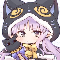 Rule 34 | 1girl, :t, animal ears, animal hood, bell, black capelet, blush, bow, brown eyes, capelet, cat ears, cat hood, closed mouth, commentary request, fake animal ears, floral background, fur-trimmed capelet, fur-trimmed hood, fur trim, highres, hood, hood up, hooded capelet, jingle bell, kyoka (halloween) (princess connect!), kyoka (princess connect!), long hair, looking at viewer, pointy ears, pout, princess connect!, purple bow, purple hair, ruta (rt aitrt), signature, simple background, solo, twintails, upper body, v-shaped eyebrows, white background, yellow bow