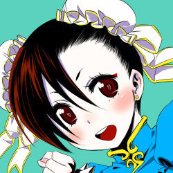 Rule 34 | 1girl, aqua background, blue dress, brown eyes, brown hair, bun cover, capcom, china dress, chinese clothes, chun-li, commentary request, double bun, dress, eyeliner, flat color, gold trim, hair bun, looking at viewer, makeup, nonjake, open mouth, pale skin, portrait, solo, street fighter, teeth, upper teeth only