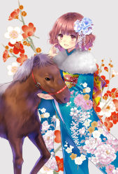 Rule 34 | 1girl, :d, animal, bad id, bad pixiv id, blush, brown eyes, brown hair, floral background, floral print, flower, fur trim, furisode, grey background, hair flower, hair ornament, hairpin, hanekoto, horse, japanese clothes, kimono, long sleeves, new year, open mouth, original, scarf, short hair, simple background, smile, standing, wavy hair, wide sleeves