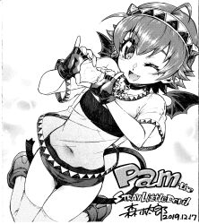 Rule 34 | 1girl, absurdres, akumachi pam, bat wings, character name, collar, demon girl, demon tail, demon wings, english text, fang, greyscale, hairband, heart, highres, jumping, monochrome, navel, official art, one eye closed, shikishi, shoes, smile, solo, stray little devil, tail, wings