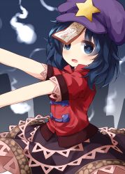 Rule 34 | 1girl, black skirt, blue eyes, blue hair, cabbie hat, chinese clothes, cowboy shot, from side, ghost, graveyard, hat, hat ornament, highres, hitodama, jiangshi, looking at viewer, medium hair, miyako yoshika, ofuda, ofuda on clothes, open mouth, outdoors, outstretched arms, purple hat, red shirt, ruu (tksymkw), shirt, short sleeves, skirt, solo, standing, star (symbol), star hat ornament, tangzhuang, tombstone, touhou, zombie pose