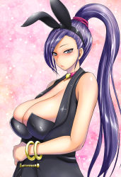 Rule 34 | 1girl, :&lt;, bare shoulders, blush, bracelet, breasts, choker, cleavage, closed mouth, collarbone, dragon quest, dragon quest xi, eyelashes, facing away, hair tie, heart, heart background, heart choker, high ponytail, highres, jewelry, large breasts, leotard, lips, long hair, looking at viewer, martina (dq11), nose blush, pink background, pink choker, pink lips, playboy bunny, purple eyes, purple hair, sagging breasts, shiny skin, solo, sparkle, tsurime, upper body, very long hair, yoshimura tatsumaki