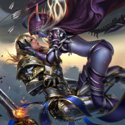 Rule 34 | 1boy, 1girl, anduin wrynn, armor, arrow (projectile), bikini armor, blonde hair, blood, blue ribbon, boots, bow (weapon), breastplate, breasts, cape, closed mouth, english text, closed eyes, facial mark, feather trim, gloves, glowing, hairband, highres, holding head, hood, liang xing, long eyebrows, long hair, looking at another, md5 mismatch, midair, panties, parted lips, pointy ears, purple panties, quiver, ribbon, shoulder pads, smoke, sword, sylvanas windrunner, thigh boots, thighhighs, undead, underwear, warcraft, watermark, weapon, web address, world of warcraft
