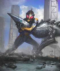 Rule 34 | 1boy, alien, car, cloud, commentary, english commentary, highres, kaijuu, motor vehicle, peter chai, police car, red eyes, sky, tokusatsu, traffic cone, ultra series, ultraman shadow, ultraman zearth (series)