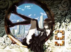 Rule 34 | 1girl, bare shoulders, black dress, black gloves, black hair, black thighhighs, boots, building, city, cityscape, cloud, dress, elbow gloves, frills, gloves, grey eyes, high heel boots, high heels, knee boots, lace, long hair, looking at viewer, lying, mardock scramble, official art, pale skin, platform footwear, round window, rune balot, shade, shoes, sitting, sky, solo, suzuki shingo, thigh boots, thighhighs, window