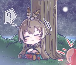 Rule 34 | 2girls, ?, animal ears, brown hair, chibi, closed eyes, commentary, crossed arms, feathers, grass, hakos baelz, hololive, hololive english, long hair, monja (monja0521), mouse ears, multiple girls, nanashi mumei, night, night sky, sky, solo focus, spoken question mark, tree, virtual youtuber