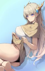 Rule 34 | 1girl, antlers, ass, bare legs, blue eyes, blush, breasts, capelet, cloak, clothes lift, covered erect nipples, ddangbi, diffraction spikes, from side, highres, horns, kashiwazaki sena, large breasts, legs folded, light brown hair, long hair, looking at viewer, lying, on side, original, panties, pursed lips, shirt tucked in, side-tie panties, simple background, skirt, skirt lift, solo, thighs, underwear