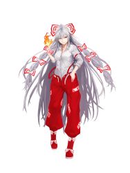 Rule 34 | 1girl, absurdres, baggy pants, belt, boots, bow, closed mouth, collared shirt, commentary request, fire, footwear bow, fujiwara no mokou, full body, grey hair, hair bow, half-closed eye, hand up, highres, index finger raised, long hair, long sleeves, looking at viewer, multiple hair bows, nuppehofu (nibuta), ofuda, ofuda on clothes, open belt, open clothes, open fly, open pants, pants, pocket, red eyes, red footwear, red pants, shirt, simple background, smile, solo, suspenders, touhou, very long hair, walking, white background, white shirt, wing collar