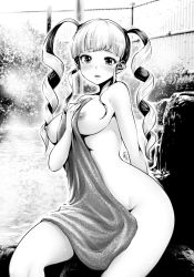 Rule 34 | 1girl, blush, breasts, character request, copyright request, drill hair, embarrassed, long hair, looking at viewer, medium breasts, monochrome, naked towel, onsen, outdoors, photo background, sitting, solo, souryu, towel, twin drills