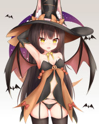 Rule 34 | 1girl, :d, absurdres, animal, animal ear fluff, animal ears, arm behind head, arm up, armpits, azur lane, bare shoulders, bat (animal), bat wings, black gloves, black hair, black hat, black panties, black thighhighs, blush, bow, breasts, brown bow, brown wings, cameltoe, collarbone, commentary request, crescent, ears through headwear, elbow gloves, fangs, fox ears, garter belt, gloves, gluteal fold, gradient background, grey background, halloween, hat, hat bow, highres, long hair, looking at viewer, nagato-chan, nagato (azur lane), navel, open mouth, panties, small breasts, smile, solo, thighhighs, underwear, very long hair, white background, wings, witch hat, yellow bow, yellow eyes