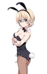 Rule 34 | 10s, 1girl, animal ears, ass, bare arms, bare shoulders, black leotard, blonde hair, blue eyes, blush, bow, bowtie, braid, breast hold, breasts, brown pantyhose, cleavage, collarbone, crossed arms, darjeeling (girls und panzer), detached collar, fake animal ears, female focus, girls und panzer, hair between eyes, highres, hiroyuki, legs, leotard, looking at viewer, looking back, medium breasts, neck, pantyhose, playboy bunny, rabbit ears, rabbit tail, shiny skin, short hair, side-tie leotard, simple background, smile, solo, standing, strapless, strapless leotard, tail, white background, wrist cuffs