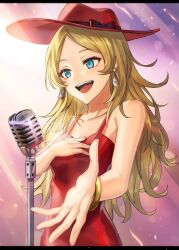 Rule 34 | 1girl, alternate hairstyle, blonde hair, breasts, cleavage, cosplay, donkey kong (series), dress, earrings, fire emblem, fire emblem awakening, highres, jewelry, lissa (fire emblem), long hair, mario (series), microphone, nintendo, pauline (mario), red dress, small breasts, smile, solo, super mario odyssey, voyager bihai