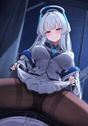 Rule 34 | 1boy, 1girl, absurdres, black pantyhose, blue archive, blue necktie, blush, breasts, closed mouth, collared shirt, female focus, girl on top, grey hair, halo, highres, hiyayo25, indoors, large breasts, light blush, long hair, md5 mismatch, mechanical halo, necktie, noa (blue archive), panties, panties under pantyhose, pantyhose, pleated skirt, purple eyes, shirt, skirt, smile, solo focus, thighs, underwear, webp-to-png conversion, white shirt, white skirt