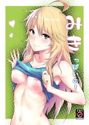Rule 34 | 1girl, ahoge, blonde hair, blush, breasts, clothes pull, cover, green eyes, hoshii miki, idolmaster, idolmaster (classic), long hair, looking at viewer, navel, nipples, no bra, npt (calpis), ribs, shirt pull, smile, solo, stomach, undressing