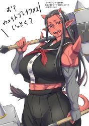 Rule 34 | 1girl, black hair, breasts, colored skin, dragon quest, dragon quest x, highres, huge breasts, image sample, monster girl, muscular, nuezou, ogre (dq10), pixiv sample, pointy ears, red skin, resized, school uniform, translation request
