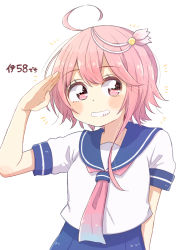 Rule 34 | 1girl, ahoge, blue one-piece swimsuit, blue sailor collar, character name, grin, hair ornament, i-58 (kancolle), kantai collection, neckerchief, one-piece swimsuit, pink eyes, pink hair, pink neckerchief, ren kun, sailor collar, salute, school swimsuit, school uniform, serafuku, short hair, simple background, smile, solo, swimsuit, swimsuit under clothes, white background