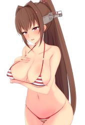 Rule 34 | 1girl, arm under breasts, bikini, blush, breasts, brown hair, chiyo (pk19981234), cleavage, collarbone, hair intakes, headgear, highres, kantai collection, large breasts, long hair, looking at viewer, micro bikini, navel, pink eyes, ponytail, sidelocks, simple background, solo, striped bikini, striped clothes, swimsuit, very long hair, white background, yamato (kancolle)