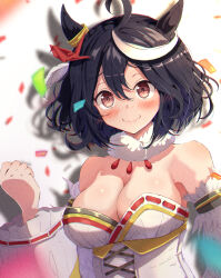 Rule 34 | 1girl, ahoge, black hair, blush, bob cut, breasts, cleavage, clenched hand, closed mouth, commentary, confetti, detached sleeves, dress, ear ornament, film grain, fur collar, highres, horse girl, kitasan black (jubilant star auspicious crane) (umamusume), kitasan black (umamusume), large breasts, looking at viewer, multicolored hair, official alternate costume, origami, red eyes, shadow, short hair, smile, solo, strapless, strapless dress, streaked hair, tsetainsu, two-tone hair, umamusume, underbust, upper body, wavy hair, white dress, white sleeves