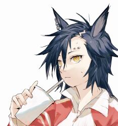 Rule 34 | 1girl, air shakur (umamusume), animal ears, asymmetrical bangs, black hair, closed mouth, cup, disposable cup, drinking straw, eyebrow piercing, grey background, hair between eyes, hand up, high collar, highres, holding, holding cup, horse ears, jacket, jemma (mashirahoshi), long hair, long sleeves, looking at viewer, piercing, red jacket, simple background, solo, sweat, tracen training uniform, track jacket, umamusume, upper body, yellow background