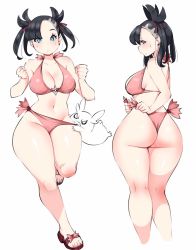 Rule 34 | 1girl, ass, asymmetrical bangs, bikini, black hair, blush, breasts, cleavage, clenched hands, commentary, creatures (company), earrings, english commentary, eyelashes, game freak, gen 8 pokemon, green eyes, hair ribbon, hands up, jewelry, kenron toqueen, knees, marnie (pokemon), morpeko, morpeko (hangry), multiple views, navel, nintendo, partially colored, pink bikini, pokemon, pokemon (creature), pokemon swsh, red footwear, red ribbon, ribbon, sandals, side-tie bikini bottom, sweatdrop, swimsuit, toes, wedgie