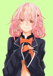 Rule 34 | 1girl, bare shoulders, center opening, closed mouth, fingerless gloves, gloves, guilty crown, hair ornament, hairclip, highres, jacket, jacket on shoulders, long hair, looking at viewer, navel, pink hair, red eyes, sarina (tosiyukiryousuke), school uniform, smile, solo, twintails, yuzuriha inori