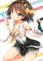 Rule 34 | 10s, 1girl, bare shoulders, brown hair, detached sleeves, flipped hair, food, hairband, hiei (kancolle), japanese clothes, kantai collection, unworn legwear, nontraditional miko, pantyhose, unworn pantyhose, plaid, popsicle, short hair, simple background, skirt, solo, striped, striped background, sune (mugendai), suneo